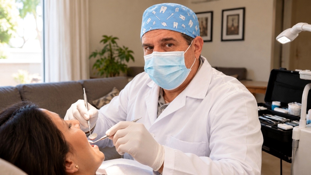 Dr. Eduardo realizando atendimento odontológico no domicílio do paciente